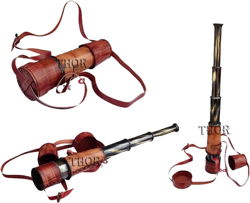 THOR INSTRUMENTS Handheld Pirate Spyglass Brass Nautical Antique Telescope with Leather 18 inches Rustic Vintage Home Decor Gifts - Image 1